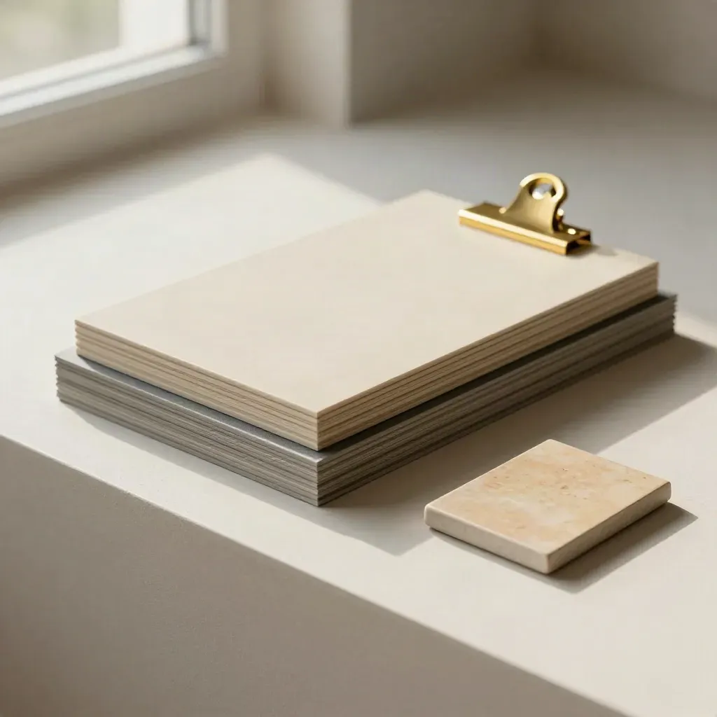 Layered material boards with brass clip and ceramic sample on a plaster sweep, softly lit.
