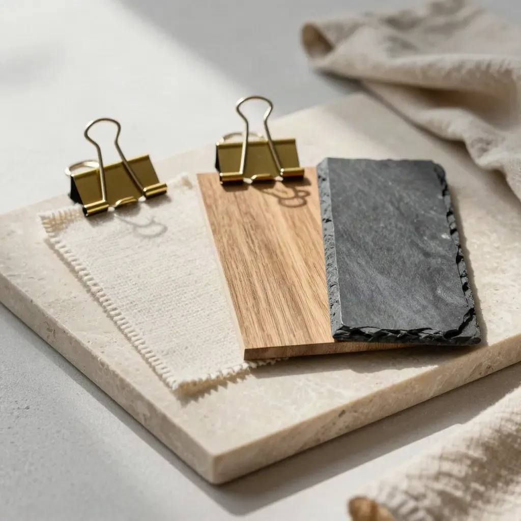Brass clip holding fabric swatch, oak sample and slate plate on a limestone tray.
