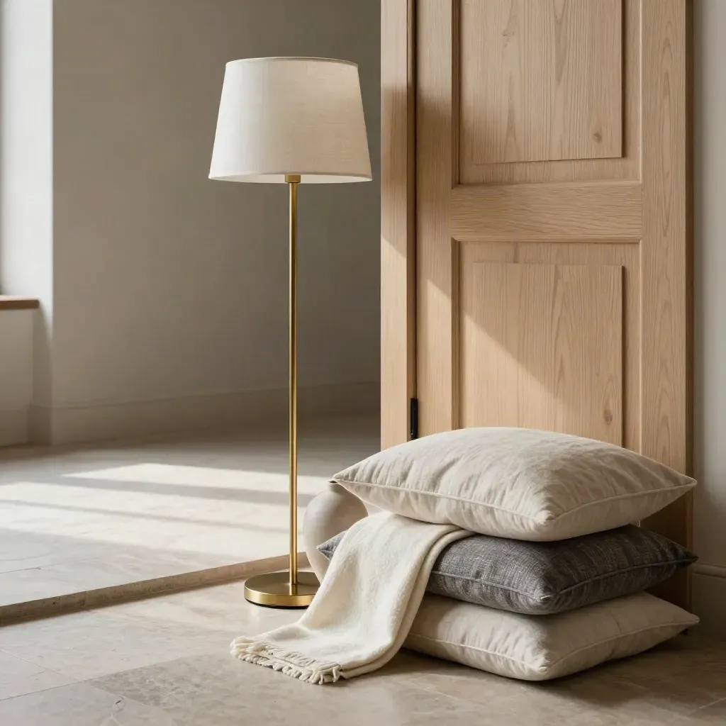 Styled interior vignette with lamp, throw, vase and cushions by a doorway.