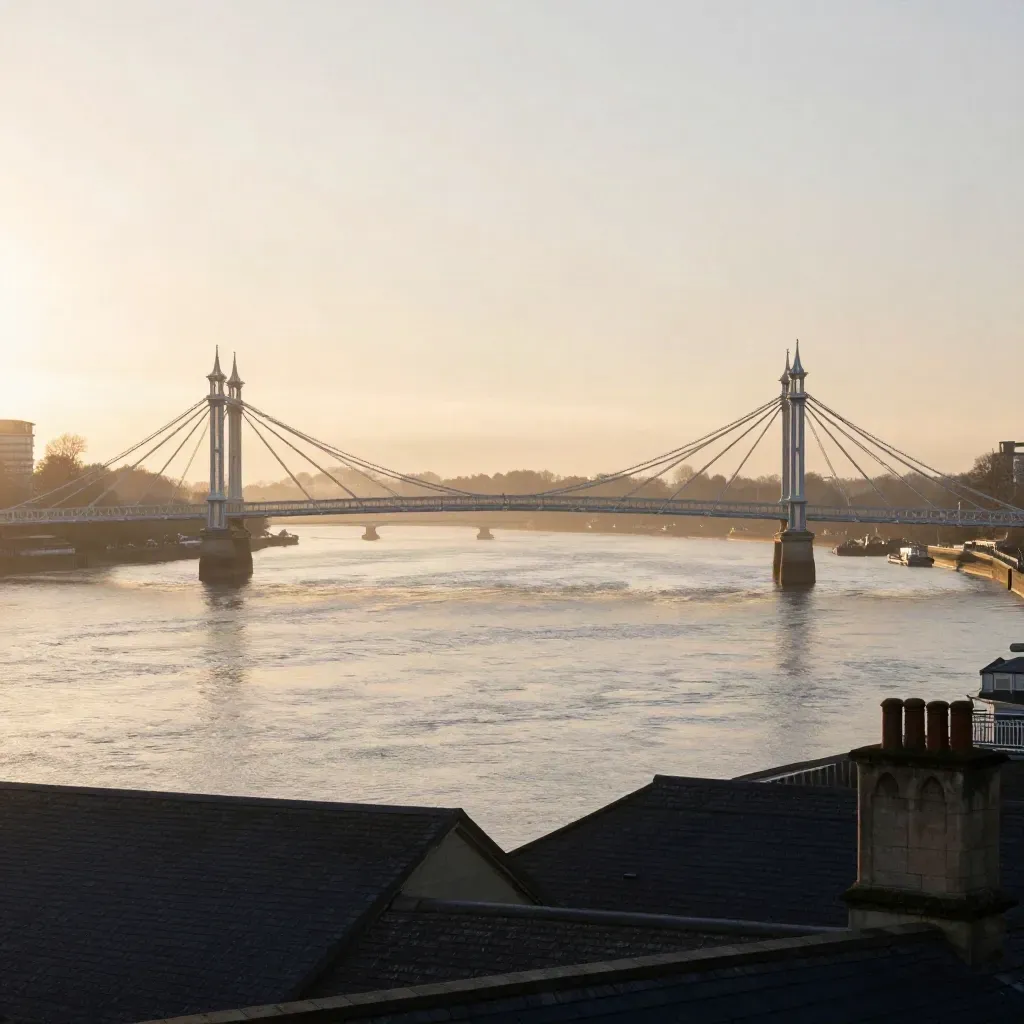Golden sunrise over the Thames with Chelsea rooftops and Albert Bridge in Central London.