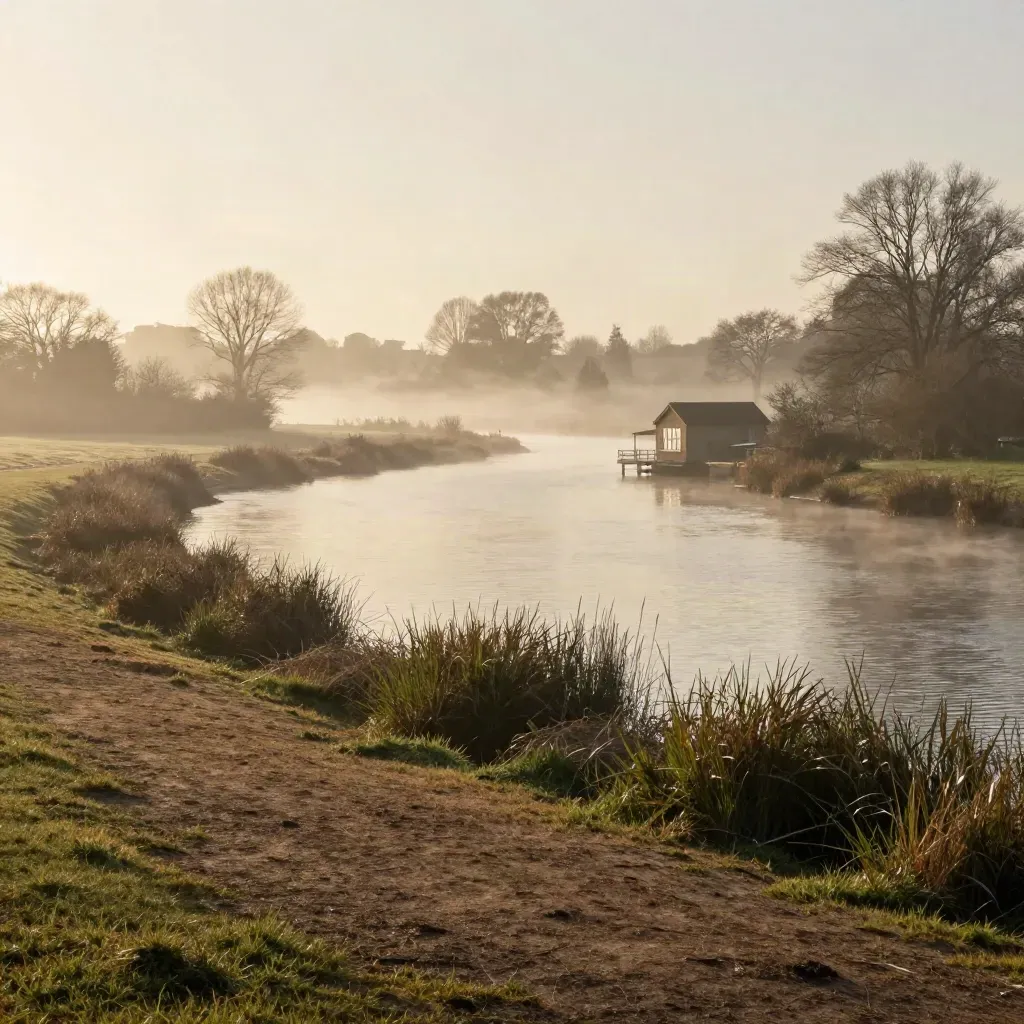 Misty Thames bend near Richmond with boathouse roof and trees above a calm river meadow.