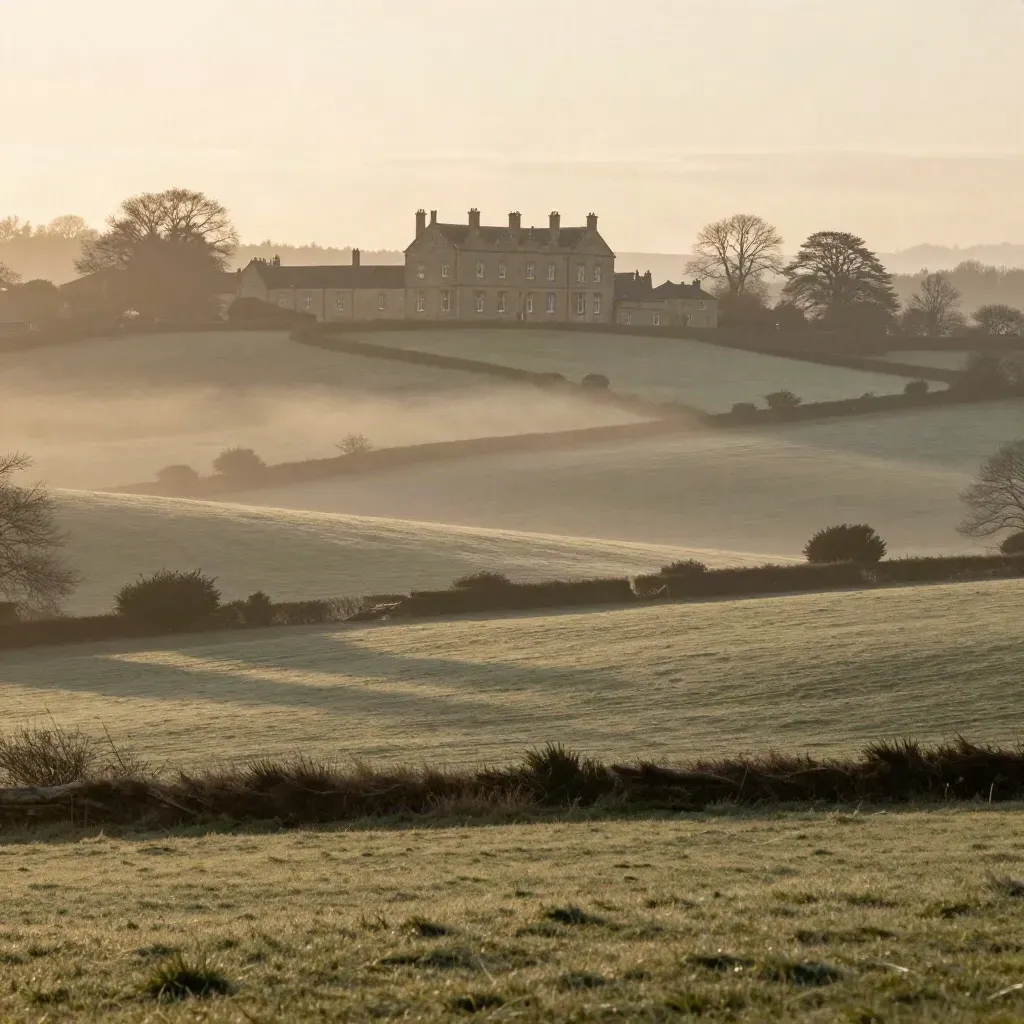 Dawn over Surrey hills with hedgerows and a manor roofline above a misty valley.