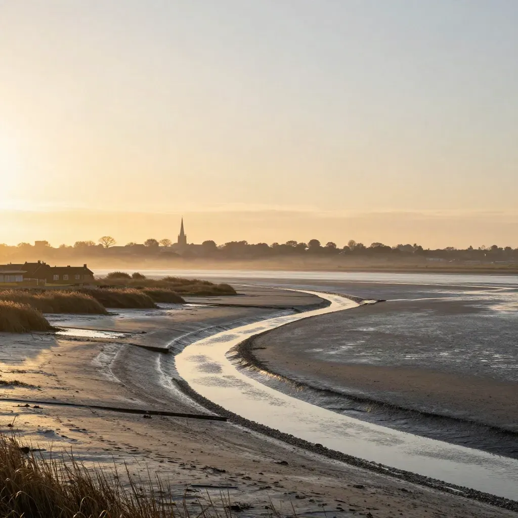 Kent and Essex estuary flats at sunset with a distant church spire in misty golden light