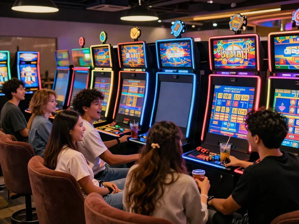Friends enjoying ทดลองสล็อต at a modern casino with vibrant slot machines and drinks
