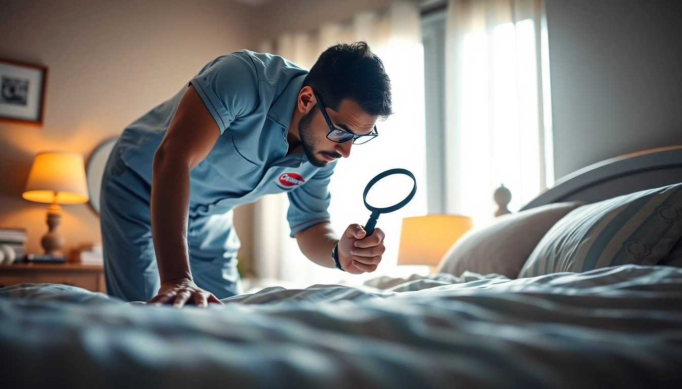 Professional bed bug exterminators inspecting a bed in a cozy bedroom to ensure thorough pest control.