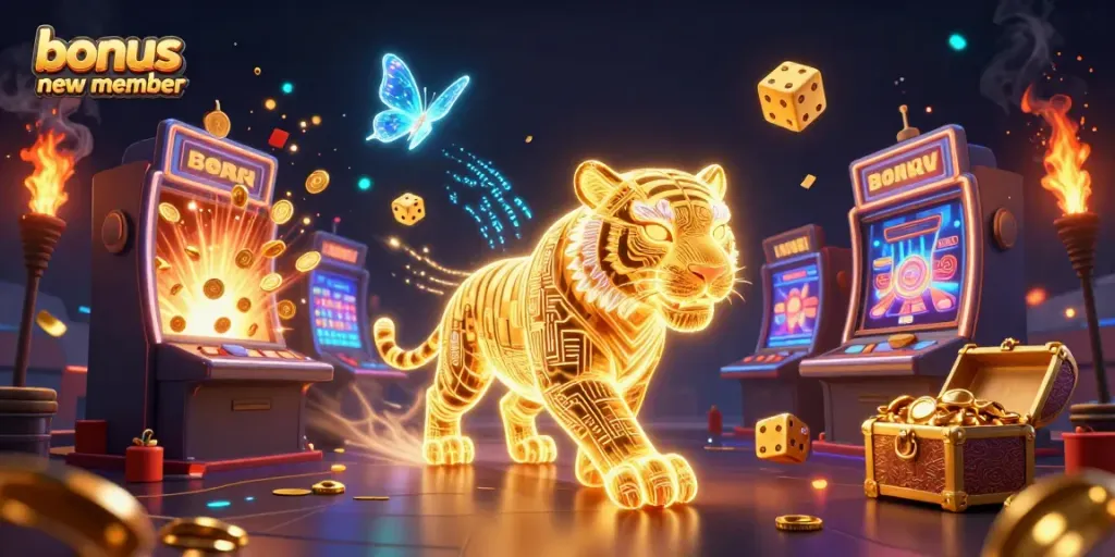 Experience the bonus new member excitement in a vibrant casino scene filled with a golden tiger and winning treasures.