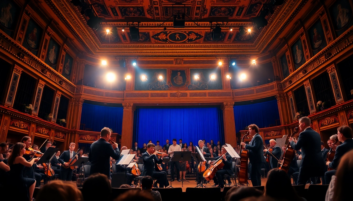 Ascultând muzica clasica, muzicieni pasionați performează pe o scenă elegantă.