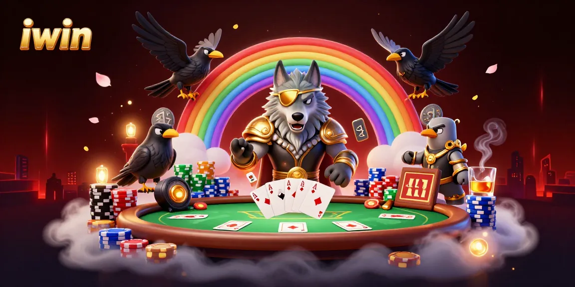 iwin gambling scene with a Viking-inspired wolf and ravens surrounded by poker tables and chips