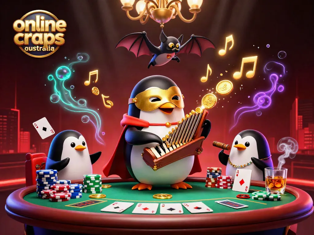 Experience online craps Australia with a thrilling scene of a penguin playing the pipe organ and explosive golden coins.