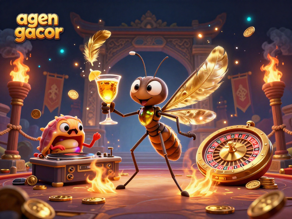 Engage with agen gacor in a vibrant 3D casino scene featuring a frozen mosquito mascot and a trilobite DJ.