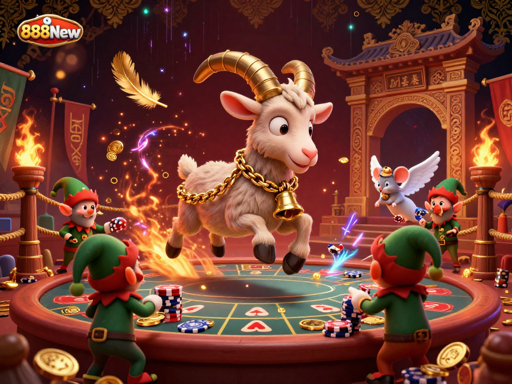 Engage in 888New's thrilling holiday-horror casino scene with festive characters and dynamic game elements.