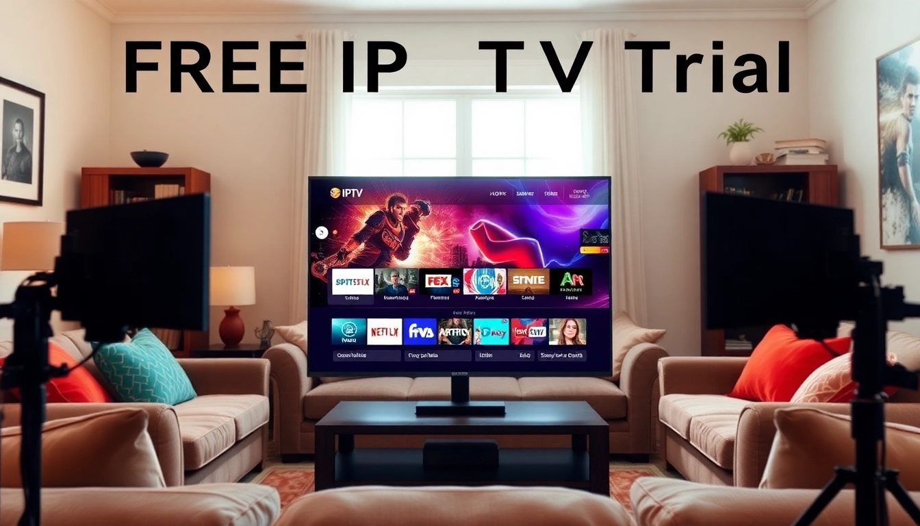 Experience the FREE IPTV Trial in a cozy living room setting showcasing vibrant streaming options.