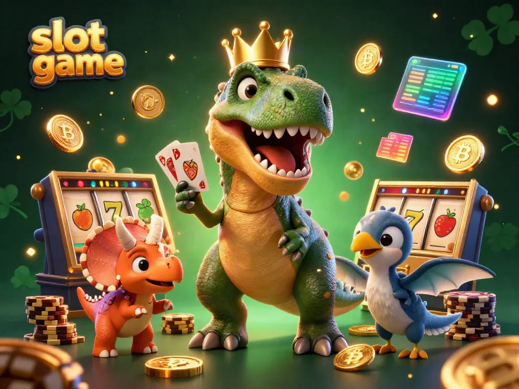 Engaging slot game scene featuring T-Rex shuffling cards, alongside a pterodactyl and triceratops with golden chips.