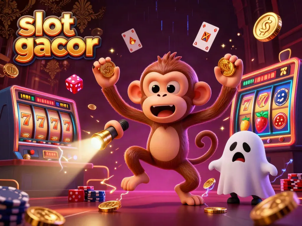Experience slot gacor with playful characters in a vibrant haunted casino setting.
