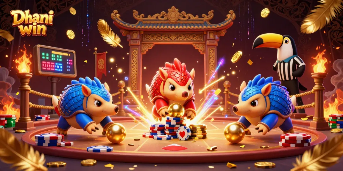 Dive into the Dhani win gaming experience with vibrant pangolins battling through poker chips to win exciting rewards.