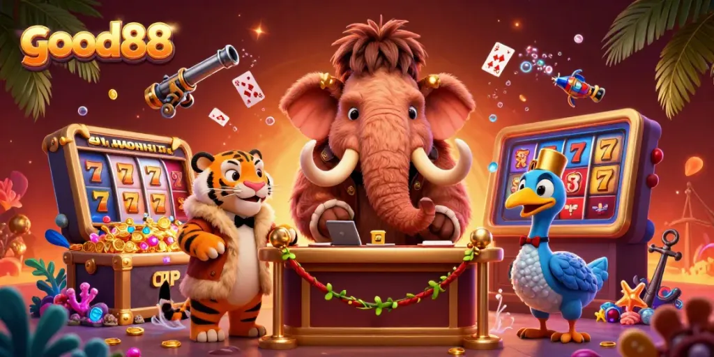 Engage with good88's casino scene featuring a woolly mammoth checking IDs and a VIP saber-tooth tiger.
