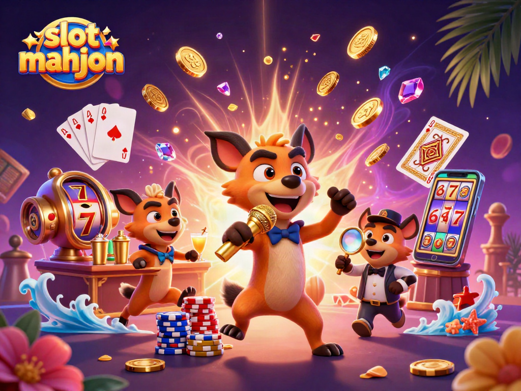 Experience the excitement of slot mahjong in a vibrant casino scene featuring cartoon hyenas.