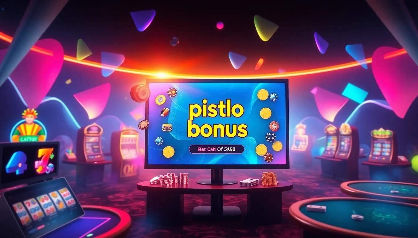 Pistolo bonus aanbieding met kleurrijke casino elementen als achtergrond.