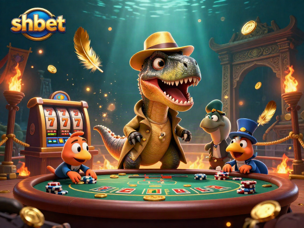 shbet showcases a velociraptor card counter at a blackjack table in a vibrant gambling arena.