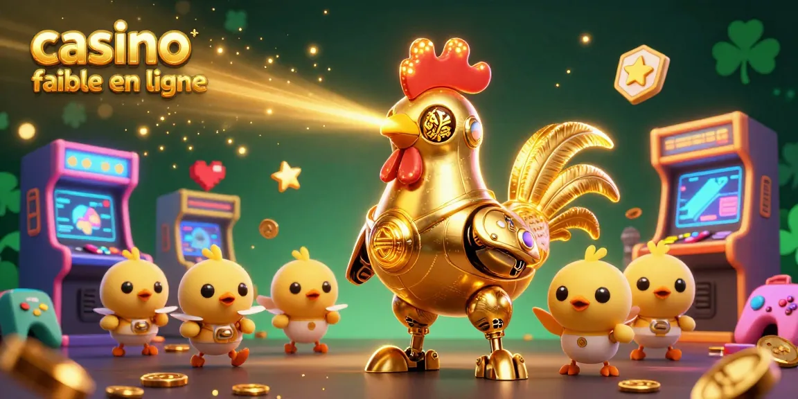 Le visuel captivant d'un casino fiable en ligne, illustrant un robot coq en or et des drones, plongés dans un monde de jeux animés.