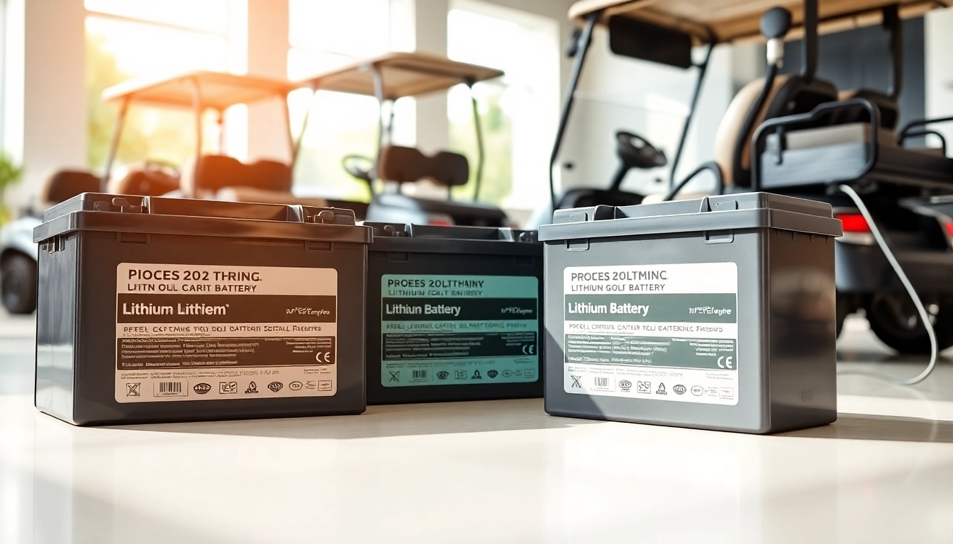 Showcase of lithium golf cart batteries with detailed specifications in a bright showroom.