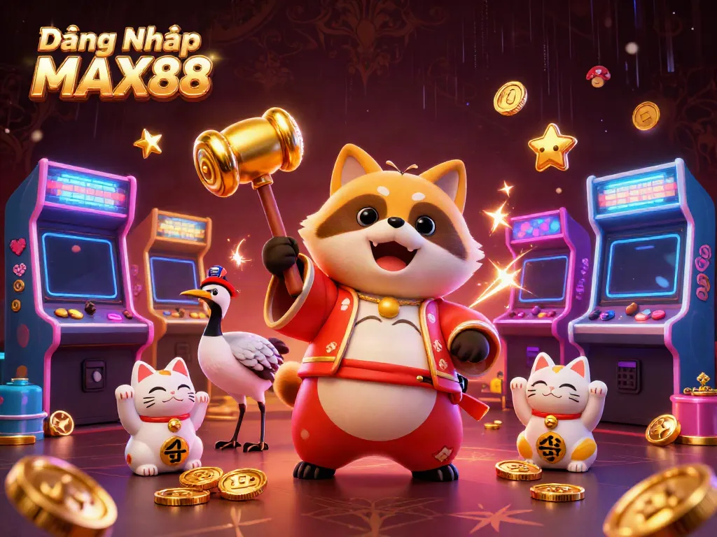 Experience the excitement of Đăng Nhập MAX88 with a cheerful tanuki and adventurous crane amidst vibrant casino elements.