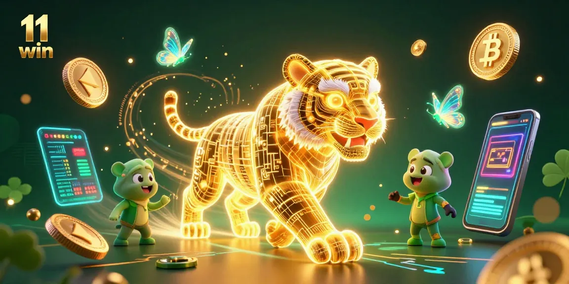 Experience the thrill of 11 win in an ultra-detailed 3D casino scene with vibrant digital elements.