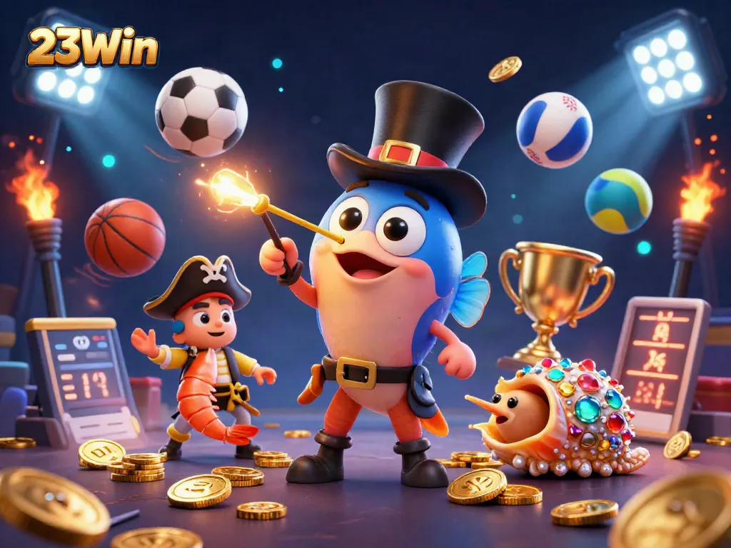 Engage with 23Win's dynamic casino scene featuring glowing treasures and vibrant sports elements.