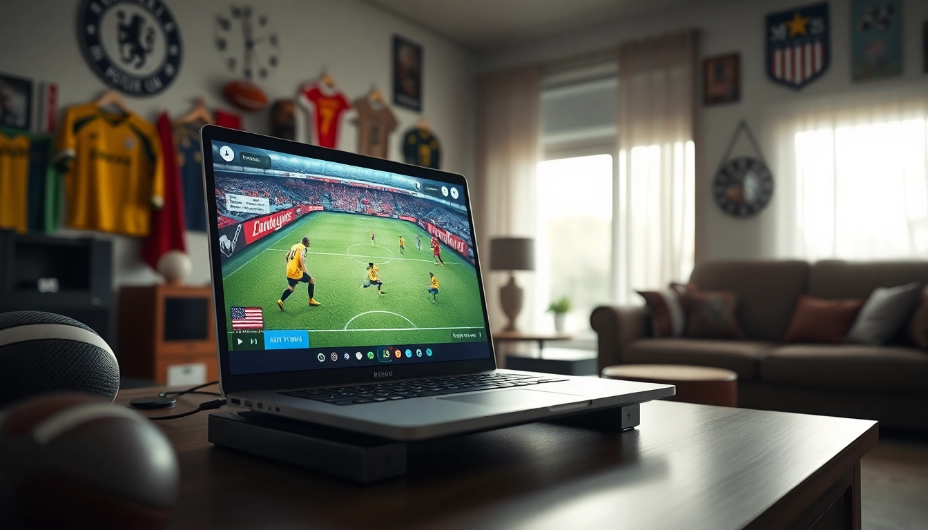 Menonton bolakami secara langsung dengan laptop yang menampilkan pertandingan sepak bola.