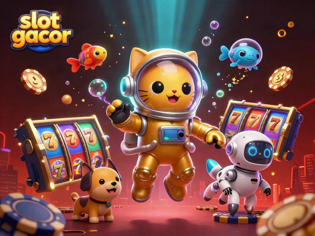 Menang besar dengan slot gacor melalui ilustrasi 3D kucing astronot dan slot berkilauan.