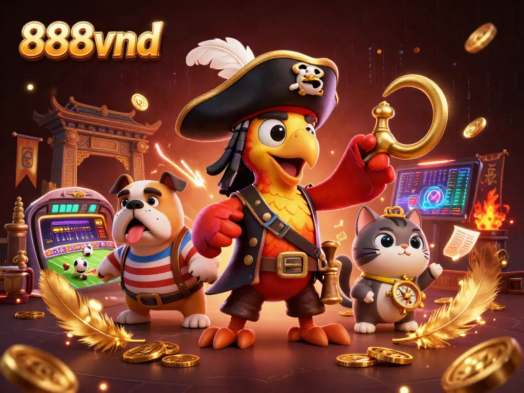 Engage in thrilling sports betting at 888vnd with vibrant characters and gold coins in action.