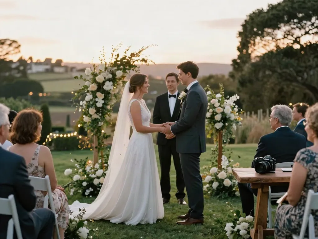 Dunedin wedding photographer capturing a couple's intimate outdoor ceremony with beautiful sunset lighting.