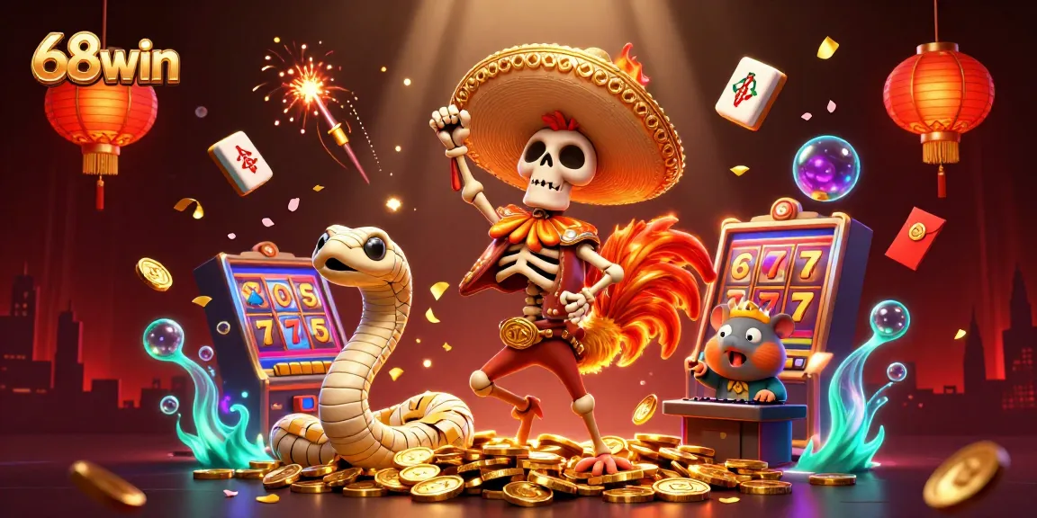 Join the excitement at 68win with a vibrant casino scene featuring 3D characters dancing on coins.