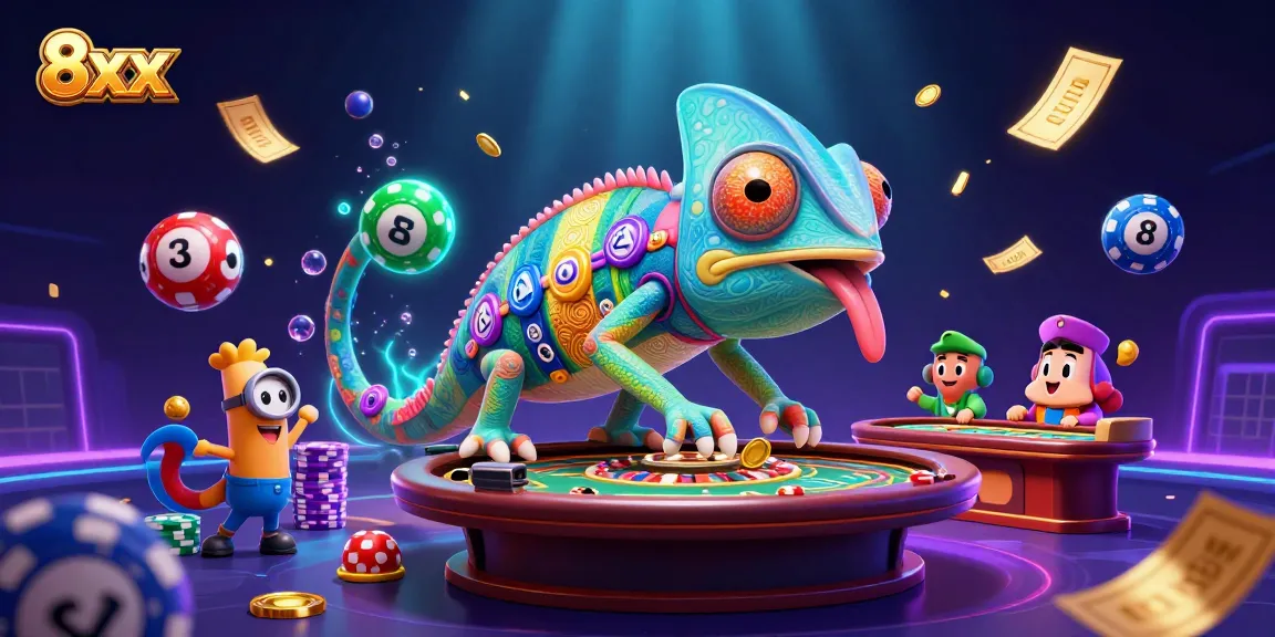 8xx casino owner chameleon enjoying dynamic gaming action with lottery elements and money rain.