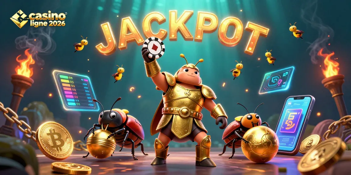 Illustration représentant un casino en ligne 2026 avec des personnages héroïques, des pièces de crypto-monnaies et des éléments de jeu captivants.