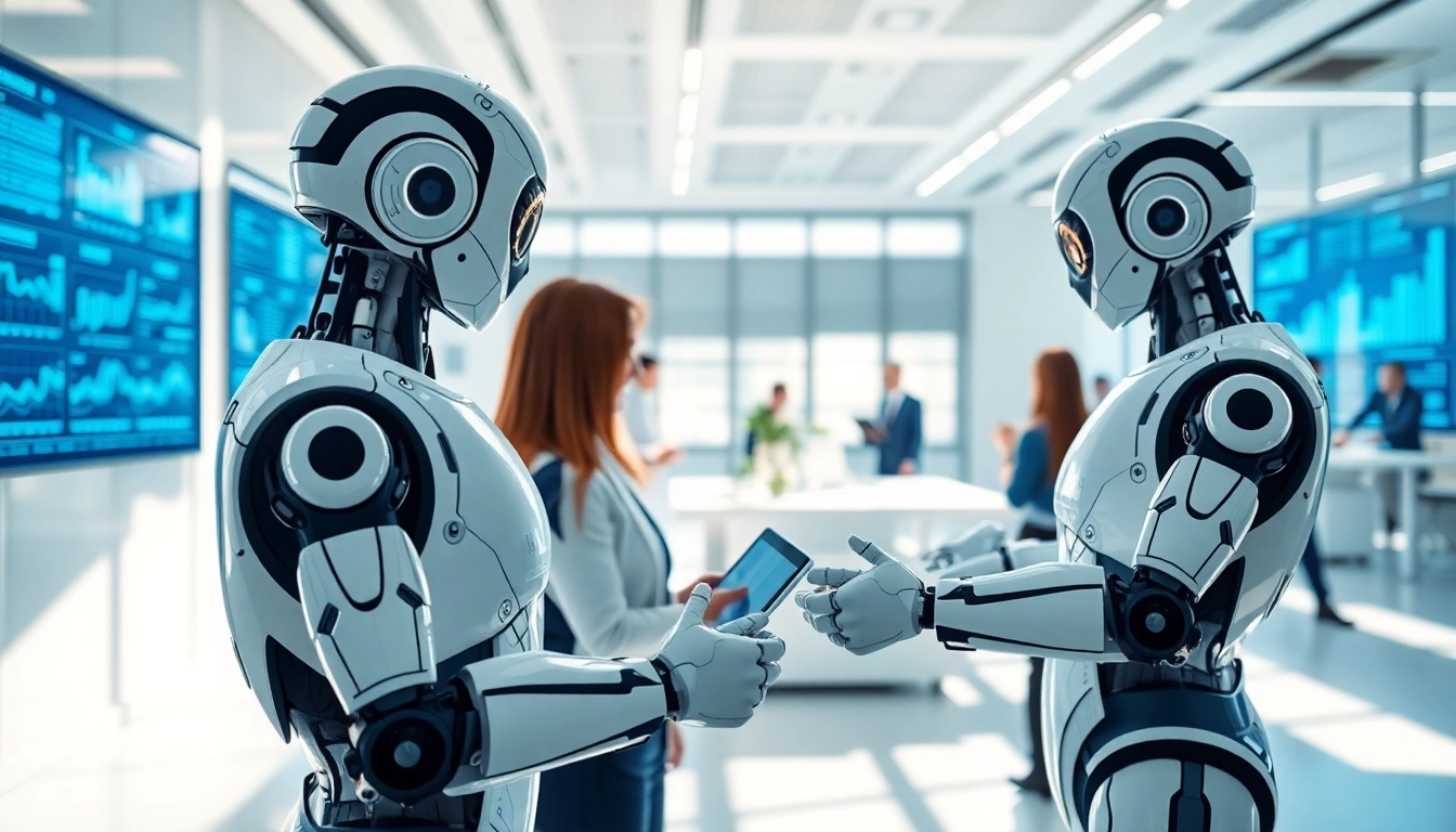 Engaging scene of Ai Bots assisting users in a modern office environment.