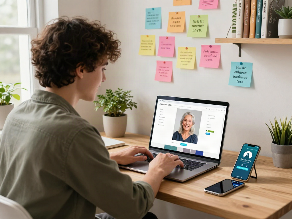 How old do I look? User analyzing their age with a friendly laptop setup and vibrant surroundings.