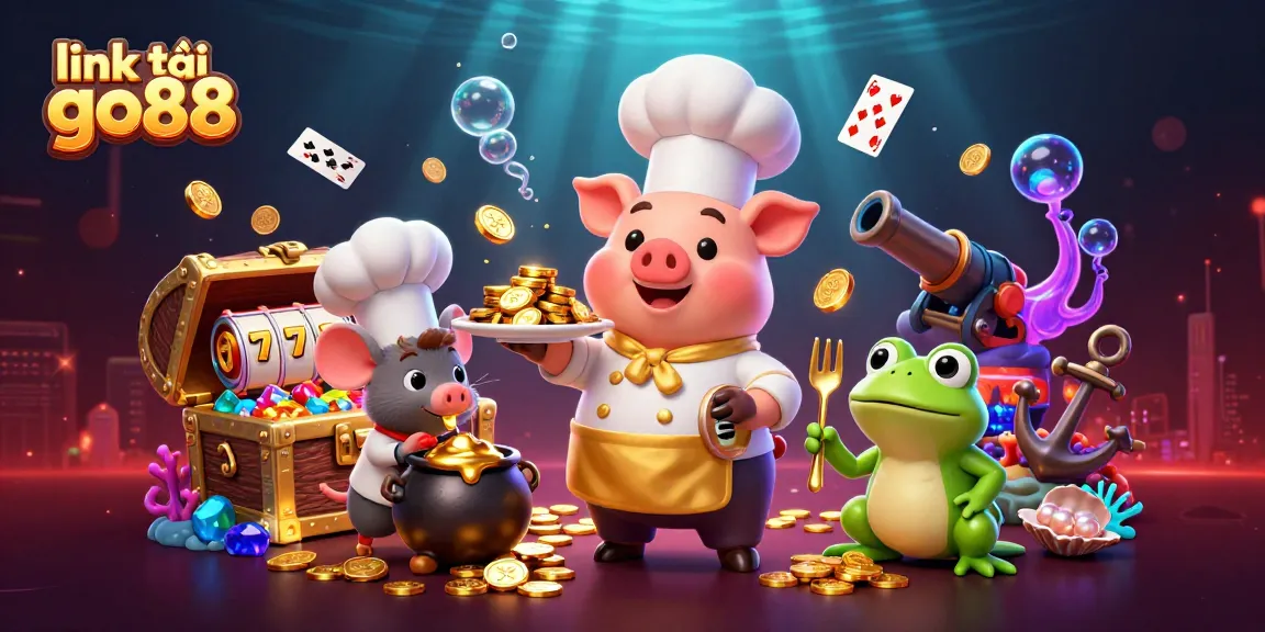 Engage with link tải go88 to reveal exciting online slot games laden with gold coins and vibrant visuals in a playful casino scene.
