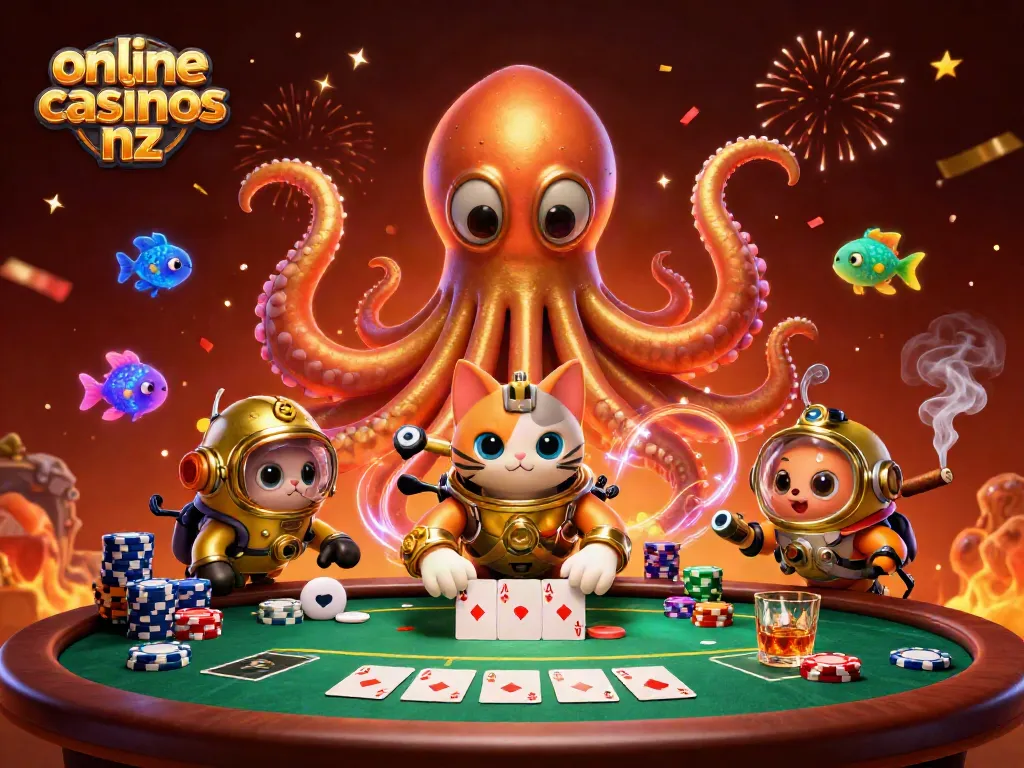 Engage with online casinos nz through an exciting 3D scene featuring a kraken, diving cat, and colorful poker elements.