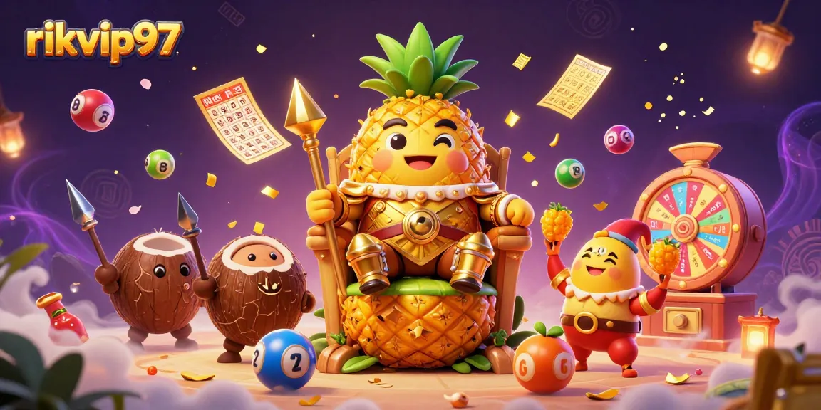 Experience the thrill of rikvip97 with the golden pineapple king and vibrant lottery game elements!