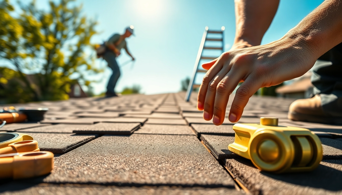 Roofing Twinsburg Ohio: Skilled worker installing shingles on a residential rooftop.