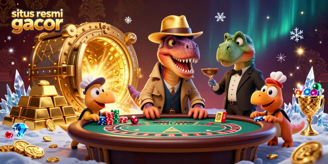 Situs resmi gacor menampilkan ilustrasi kasino 3D dengan pemandangan roulette, raptor, dan stegosaurus yang menarik perhatian.