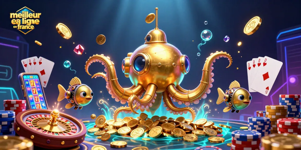 Visualisez un kraken doré dans le meilleur casino en ligne France, entouré de pièces d'or et de cartes gagnantes.