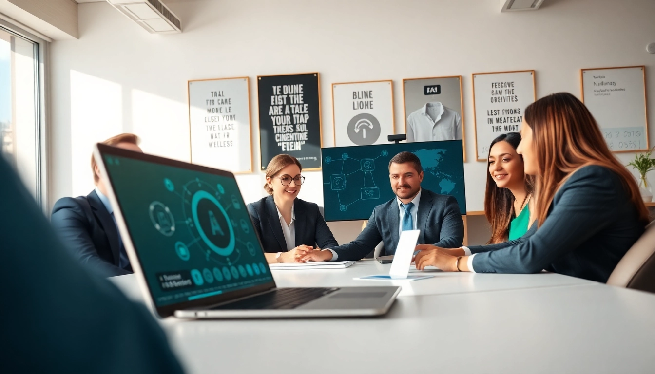AI that handles meeting follow ups during a virtual meeting with diverse professionals in an office setting.