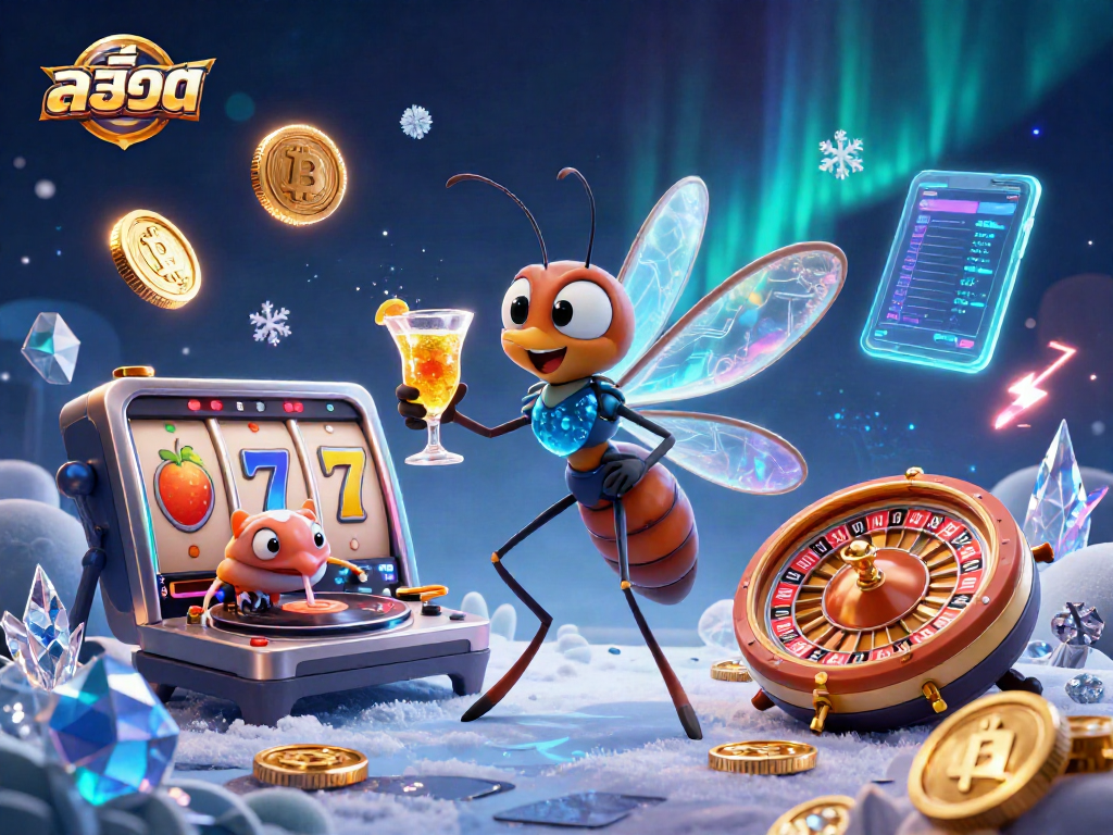 Play สล็อต at a vibrant casino scene featuring a mosquito mascot, a trilobite DJ, and a roulette wheel.