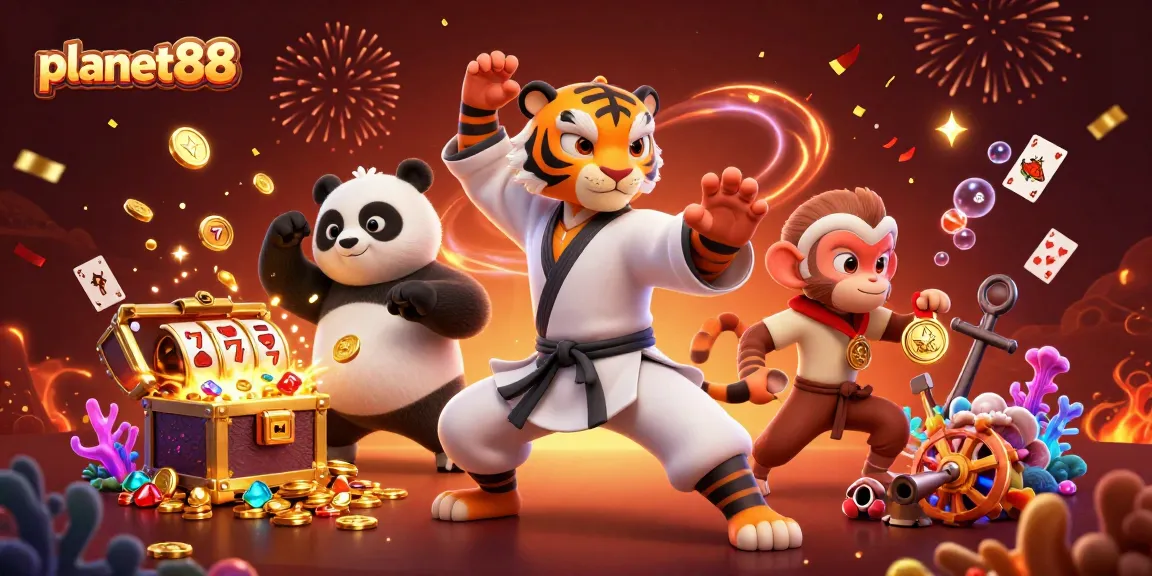 Experience excitement at planet88 with vibrant 3D characters and slot games in a dynamic casino scene.
