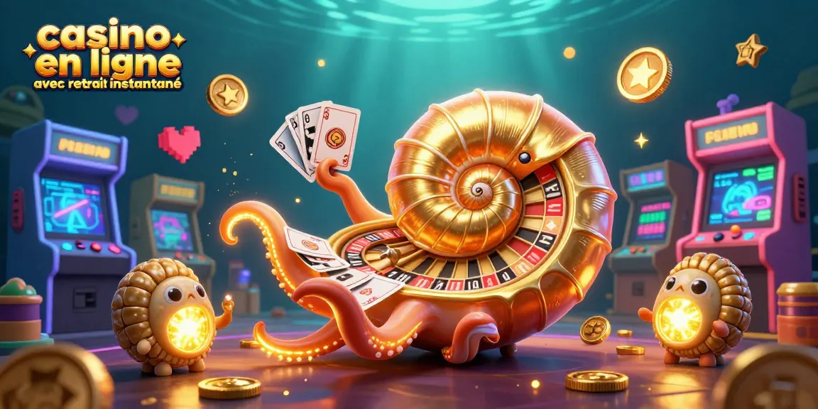 Casino en ligne avec retrait instantané mettant en scène un nautilus géant, des cartes, des jetons et des machines de jeu colorées.
