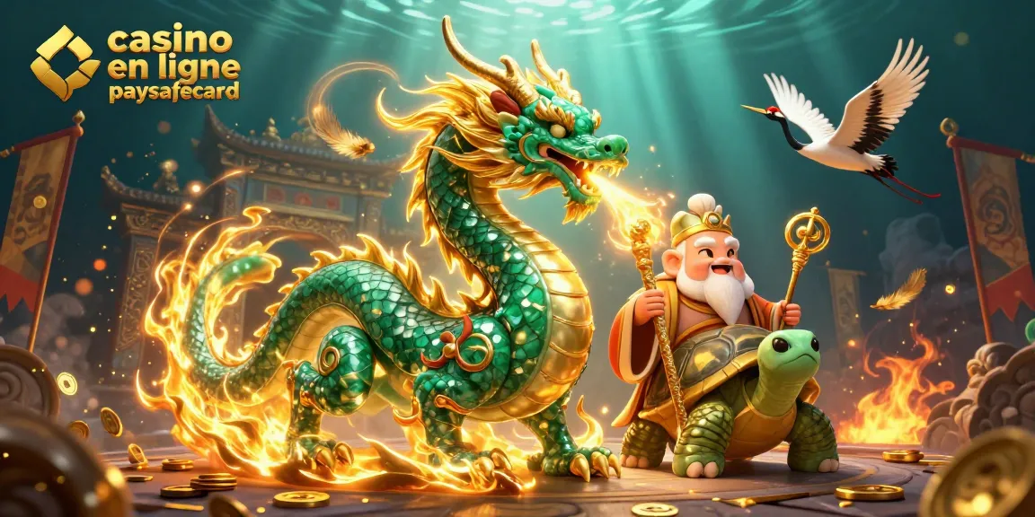 Obtenez des gains au casino en ligne paysafecard avec un dragon vert emblématique et des éléments de jeu dynamiques.