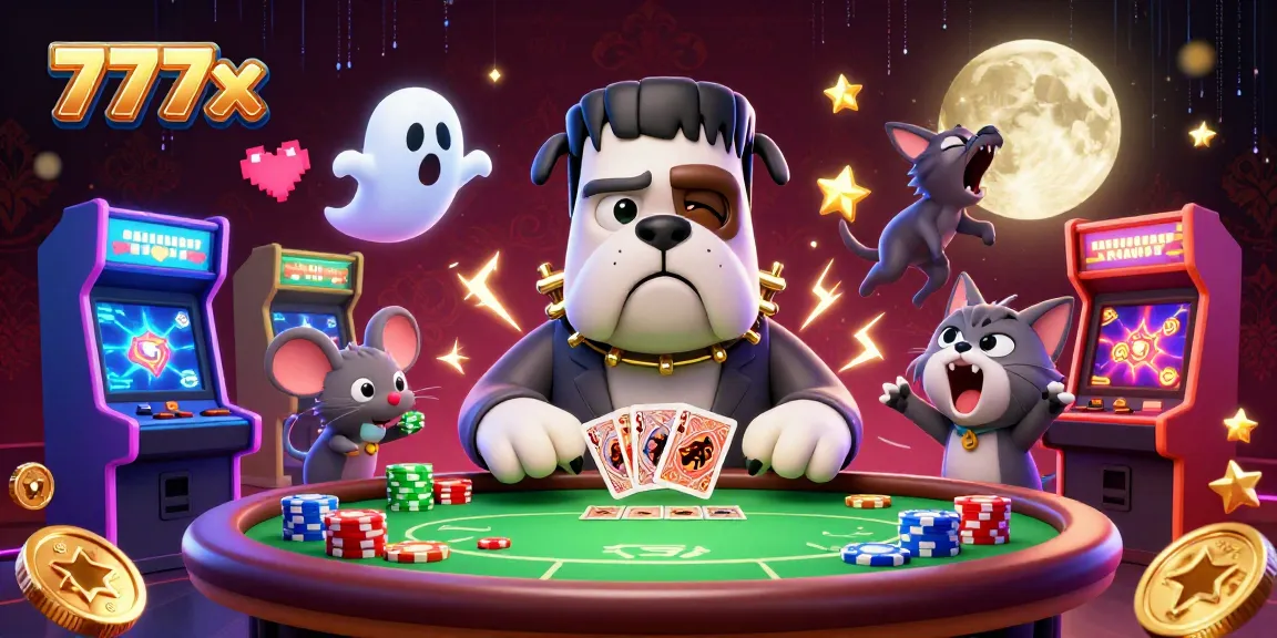 Play exciting casino games at 777x with a colorful and detailed 3D illustration featuring fun characters and ambiance.