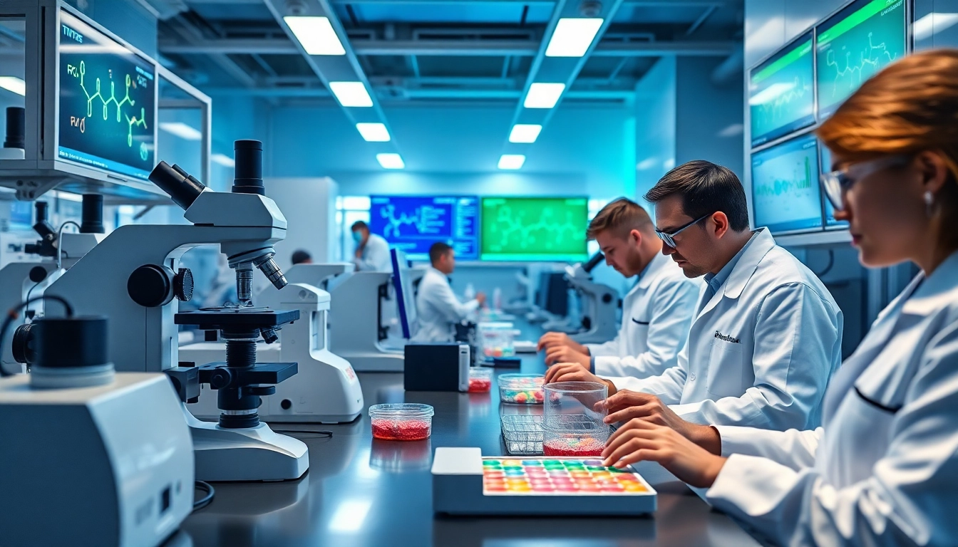Researching hydroresearch peptides in a cutting-edge laboratory setup with scientists engaged in analysis.